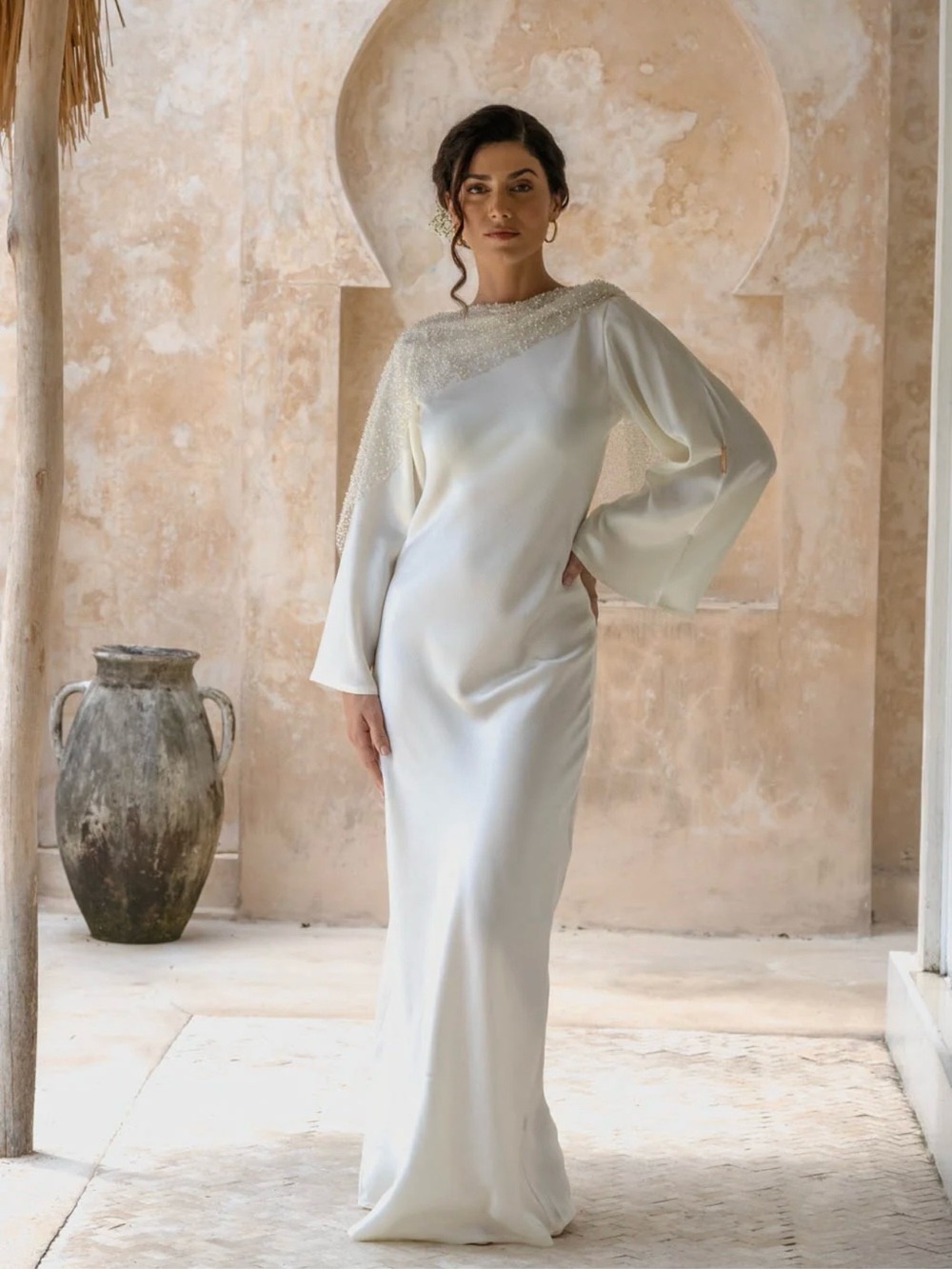 Ivory Beaded Asymmetric Maxi Dress - Women Dresses